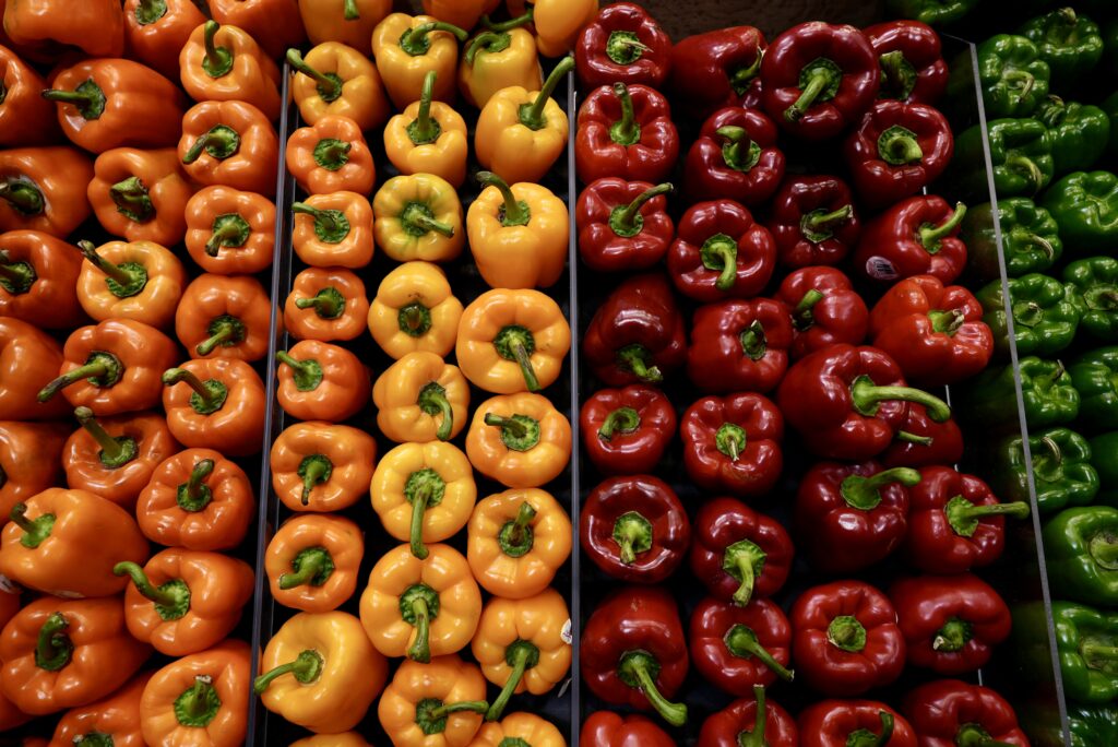 Orange, yellow, red, and green bell peppers for sale at Livoti's Old World Market
